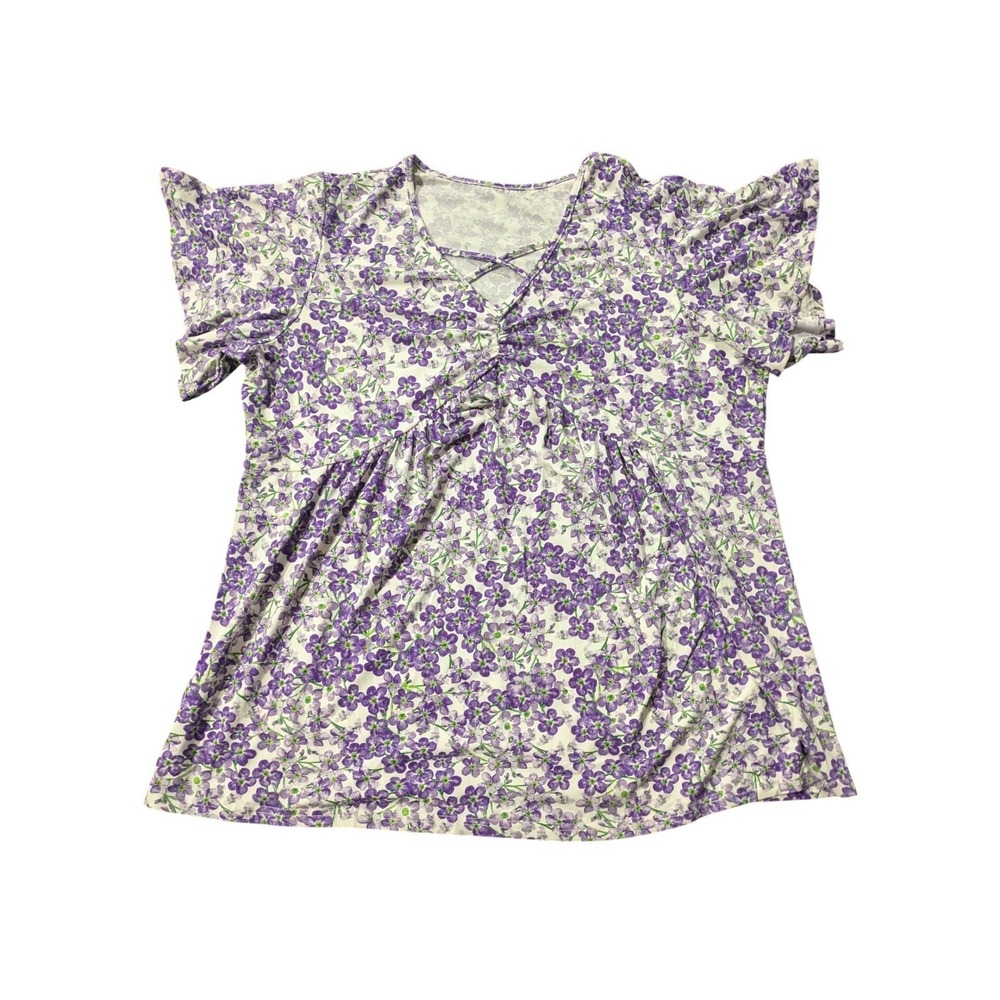 Woman Within Purple‎ Floral Crisscross V-Neck Babydoll Tunic Top Size L In 36 IN